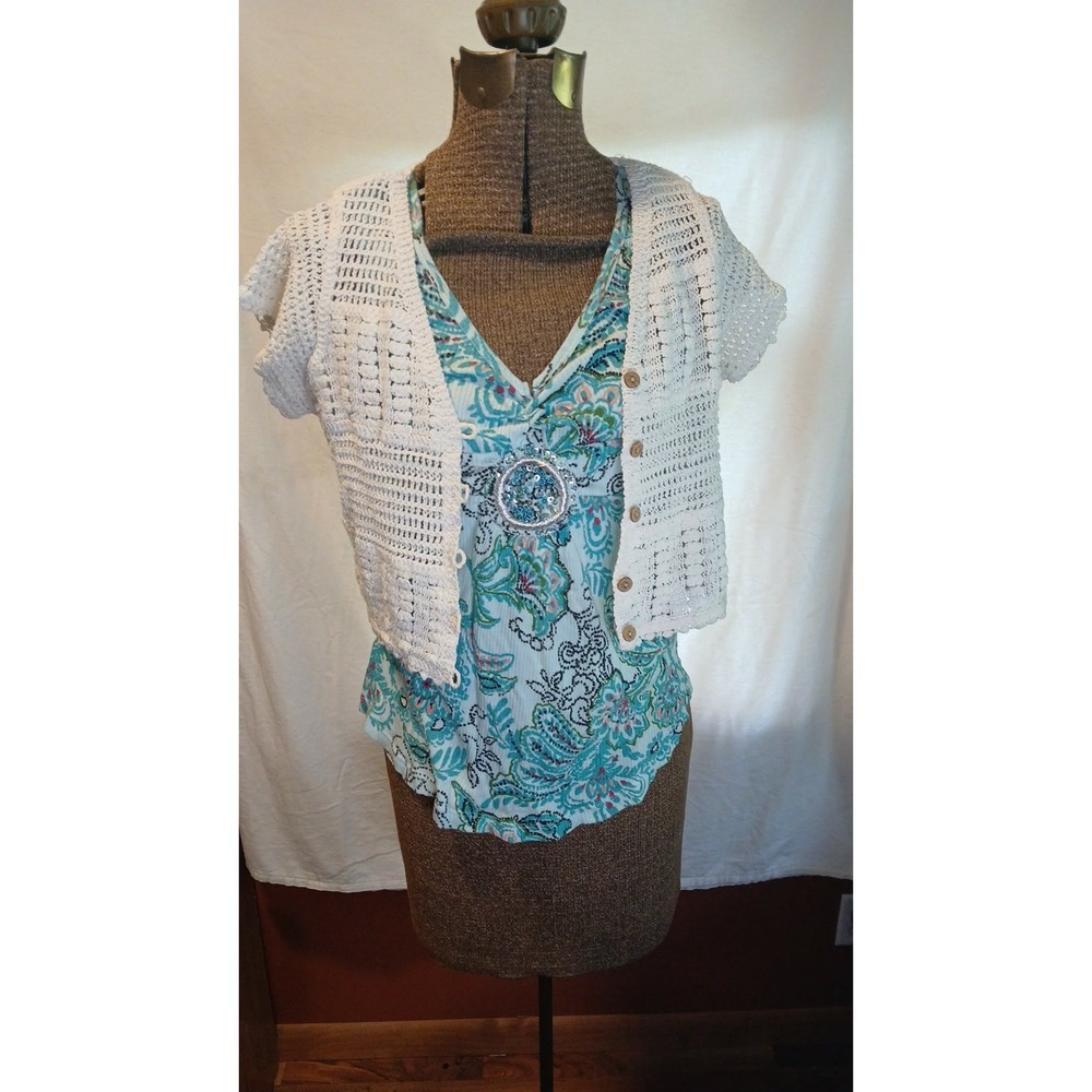 Massini Womens Large Light Blue Turquoise Paisley Sequin Medallion Tank Top